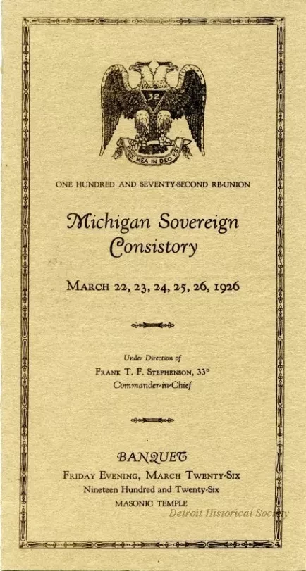 Program - One Hundred and Seventy-Second Reunion
Michigan Sovereign Consistory