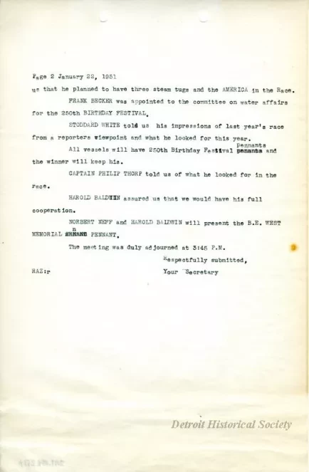 Minutes - Minutes of the Luncheon Held in the Lafayette Room of 
the Hotel Fort Shelby on Monday, January 22, 1951