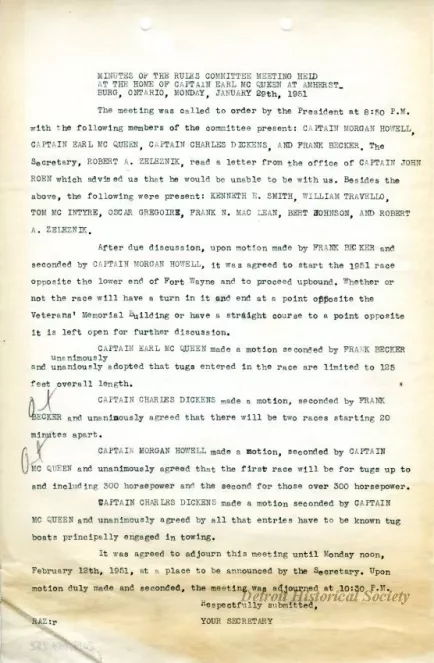Minutes - Minutes of the Rules Committee Held at the Home of 
Captain Earl McQueen at Amherstburg, Ontario, Monday, January 29, 1951