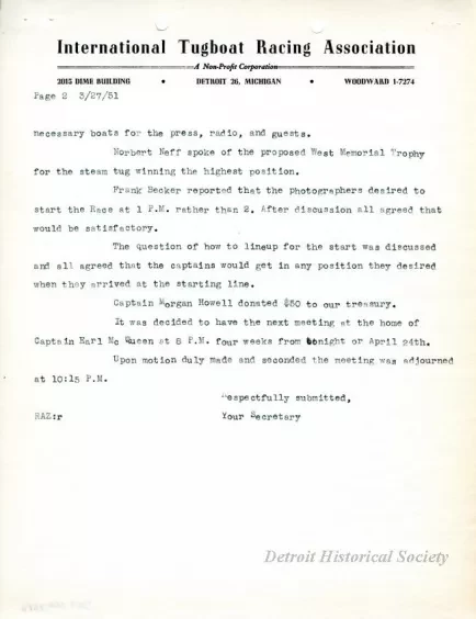 Minutes - Minutes of the Meeting Held at the War Memorial in Grosse Pointe, Tuesday, March 27, 1951
