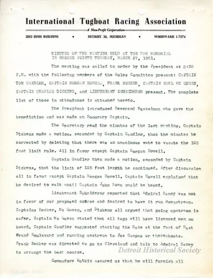 Minutes - Minutes of the Meeting Held at the War Memorial in Grosse Pointe, Tuesday, March 27, 1951