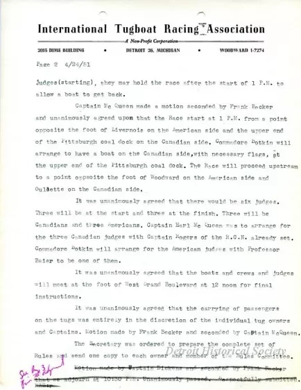 Minutes - Minutes of the Rules Committee Meeting Held on Tuesday, April 24, 1951, at the Home of Captian Earl McQueen in Amherstburg