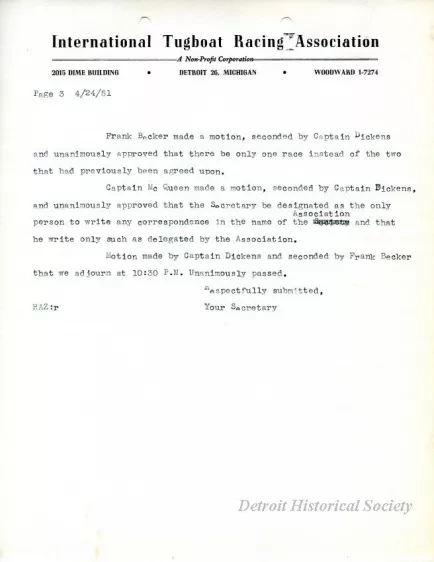 Minutes - Minutes of the Rules Committee Meeting Held on Tuesday, April 24, 1951, at the Home of Captian Earl McQueen in Amherstburg