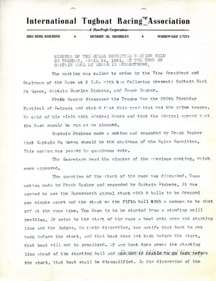 Minutes - Minutes of the Rules Committee Meeting Held on Tuesday, April 24, 1951, at the Home of Captian Earl McQueen in Amherstburg
