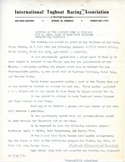 Minutes - Minutes of the Meeting Held on Tuesday, May 1, 1951, at 2015 Dime Building, Detroit 26, Michigan