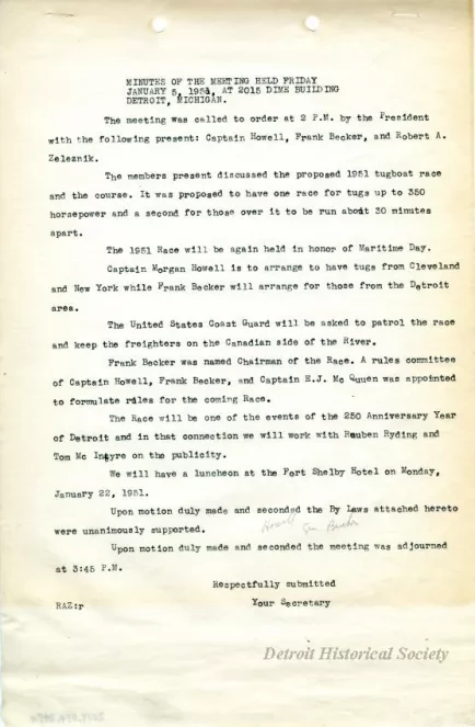 Minutes - Minutes of the Meeting Held Friday, January 5, 1951, 
at 2015 Dime Building, Detroit, Michigan