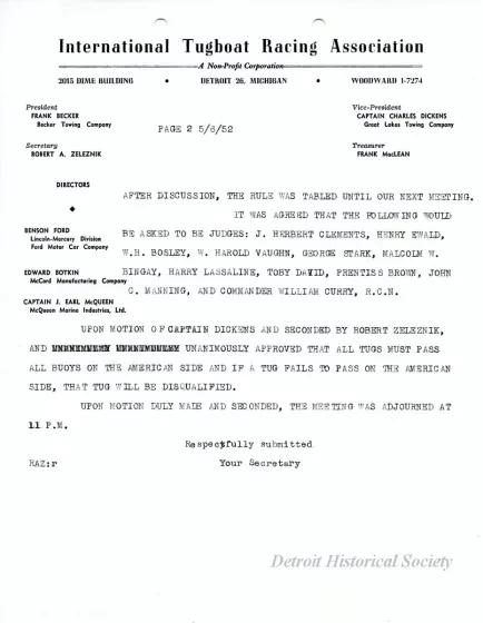 Minutes - Minutes of the Meeting Held at the Bayview Yacht Club, Tuesday, May 6, 1952