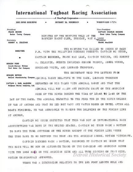 Minutes - Minutes of the Meeting Held at the Bayview Yacht Club, Tuesday, May 6, 1952