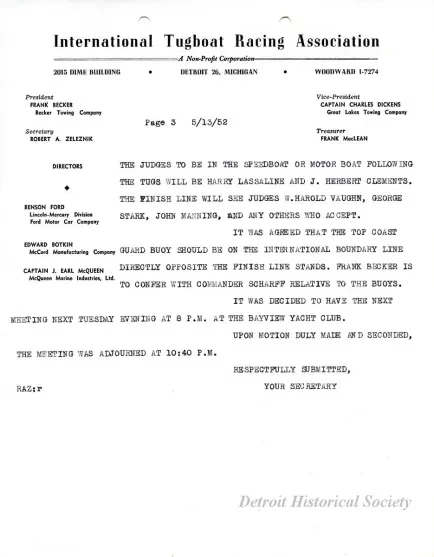 Minutes - Minutes of Meeting Held at the Home of Captain McQueen at Amherstburg on Tuesday, May 13, 1952