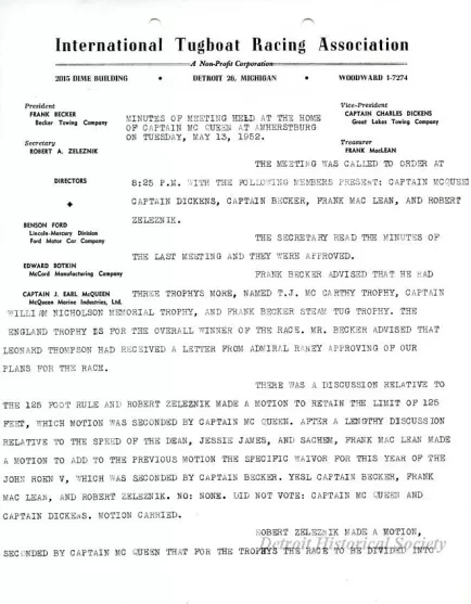 Minutes - Minutes of Meeting Held at the Home of Captain McQueen at Amherstburg on Tuesday, May 13, 1952