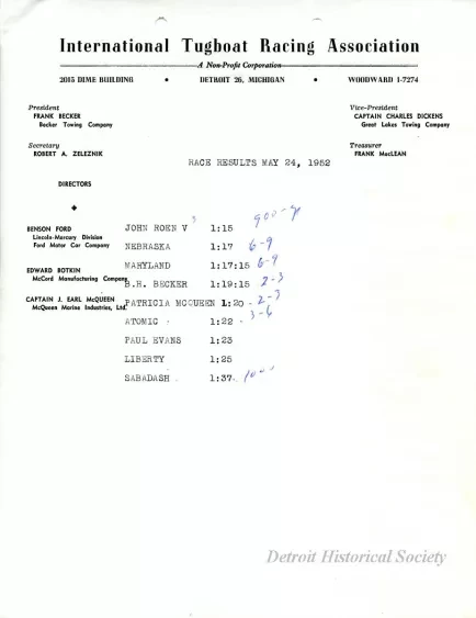 Announcement - Race Results, May 24, 1952