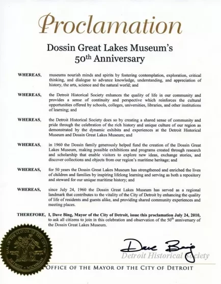 Certificate, Commemorative - Proclamation
Dossin Great Lakes Musuem's 50th Anniversary