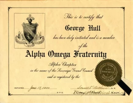 Certificate, Membership - Alpha Omega Fraternity -
George Hull