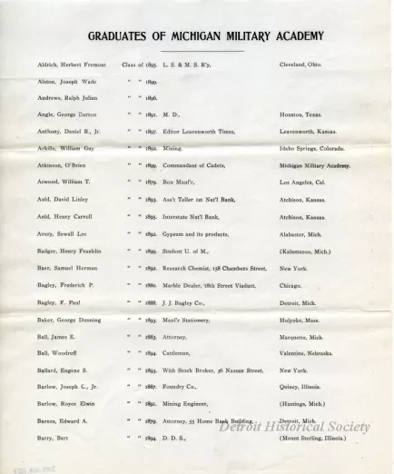 Letter - Headquarters, Michigan Military Academy