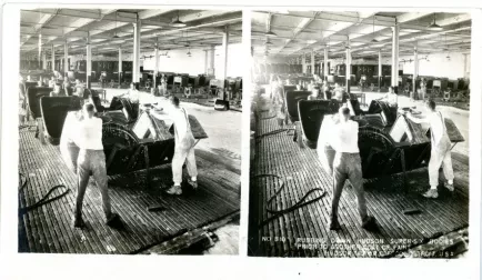 Stereograph - Rubbing Down Hudson Super-Six Bodies Prior to Another Coat of Paint, Hudson Motor Car Co, Detroit, USA