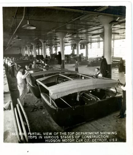 Stereograph - Partial View of The Top Department Showing Tops In Various Stages Of Construction, Hudson Motor Car Co, Detroit, USA