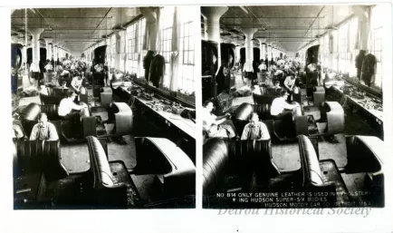 Stereograph - Only Genuine Leather Is Used in Upholstering Hudson Super-Six Bodies, Hudson Motor Car Co, Detroit, USA