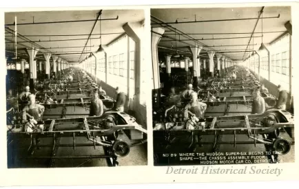 Stereograph - Where The Hudson Super-Six Begins to Take Shape - The Chassis Assembly Floor, Hudson Motor Car Co, Detroit, USA