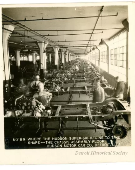 Stereograph - Where The Hudson Super-Six Begins to Take Shape - The Chassis Assembly Floor, Hudson Motor Car Co, Detroit, USA