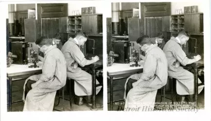 Stereograph - Microscopic Examination Of Steel To Make Sure Of Its Quality For Its Specific Purpose, Hudson Motor Car Co, Detroit