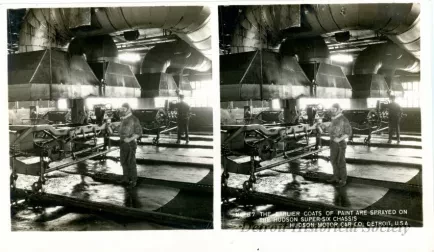 Stereoview - The Earlier Coats Of Paint Are Sprayed On The Hudson Super-Six Chassis, Hudson Motor Car Co, Detroit, USA