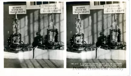 Stereograph - A Super-Six Crank Shaft And An Ordinary Type Mounted For Test Purposes: See No 14, Hudson Motor Car Co, Detroit, USA