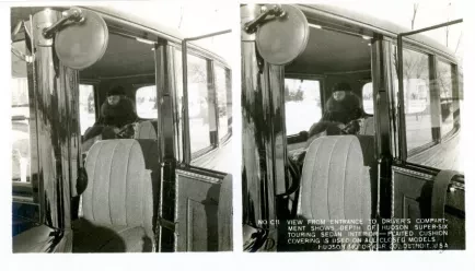 Stereograph - View From Entrance To Driver's Compartment Shows Depth Of Hudson Super-Six Touring Sedan Interior - Plated Cushion Covering Is Used On All Closed Models, Hudson Motor Car Co, Detroit, USA