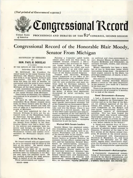 Proceedings - Congressional Record of the Honorable Blair Moody, Senator from Michigan