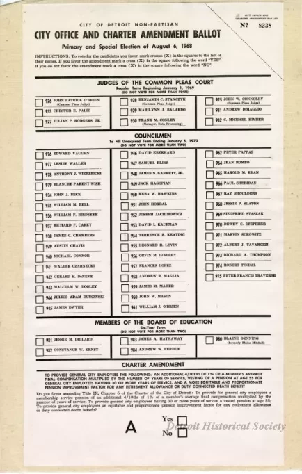 Ballot - City of Detroit Non-Partisan
City Office and Charter Amendment Ballot
Primary and Special Election of August 6, 1968