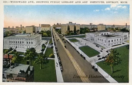 Postcard - 518: - Woodward Ave., Showing Public Library and Art Institute, Detroit, Mich.