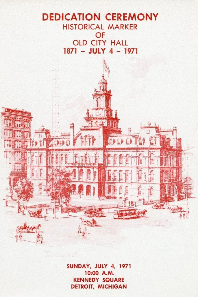 Red sketch of an ornate, historical city hall building with towers, dated event details above and below.