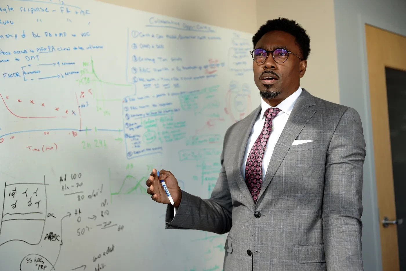 Man in suit explaining data on a whiteboard.