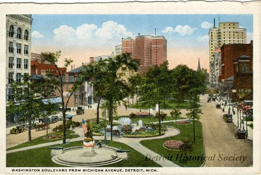 Postcard - Washington Boulevard, from Michigan Avenue, Detroit, Mich.