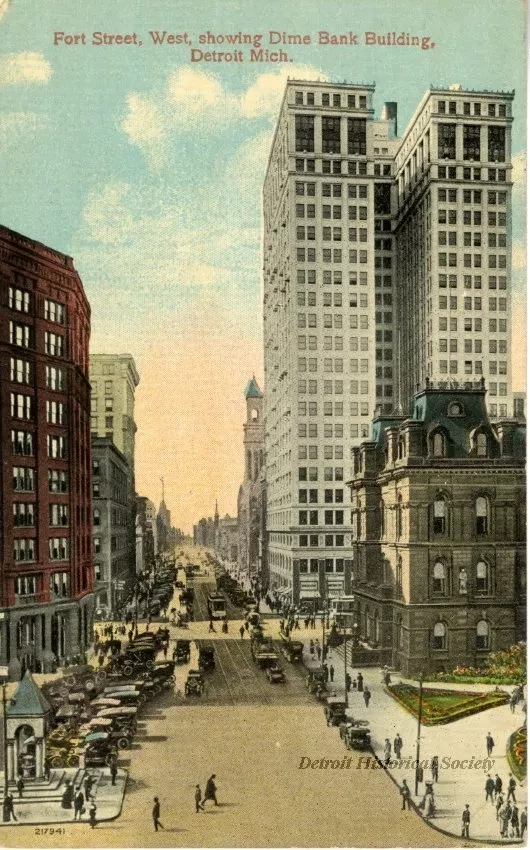 Postcard - Fort Street West showing Dime Bank Building, Detroit, Mich.