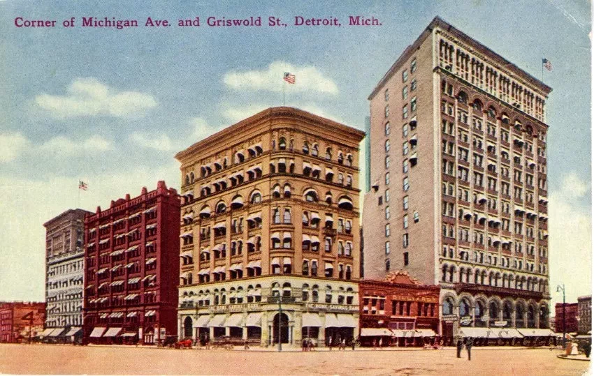 Postcard - Corner of Michigan Ave. and Griswold St., Detroit, Mich.