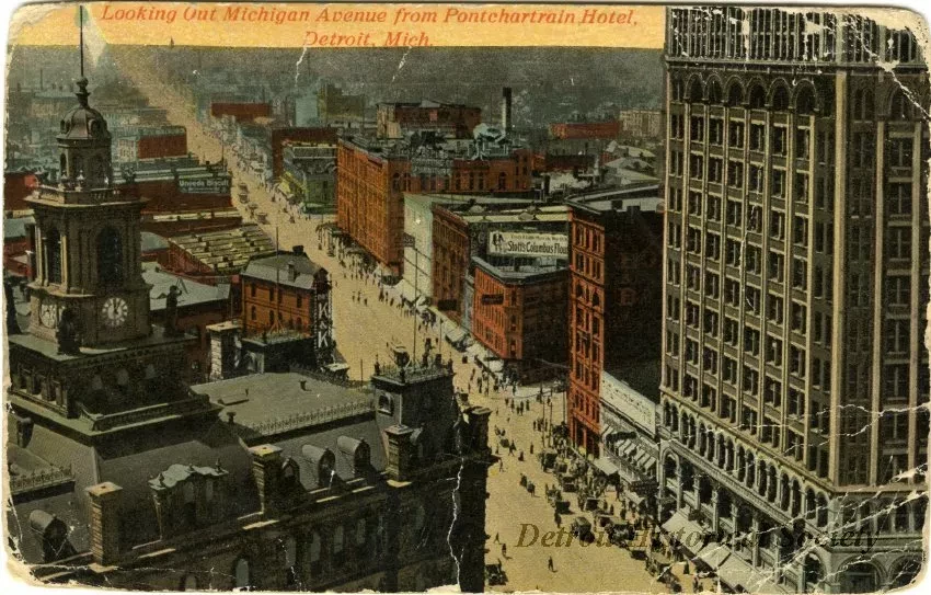 Postcard - Looking Out Michigan Avenue from Pontchartrain Hotel, Detroit, Mich.