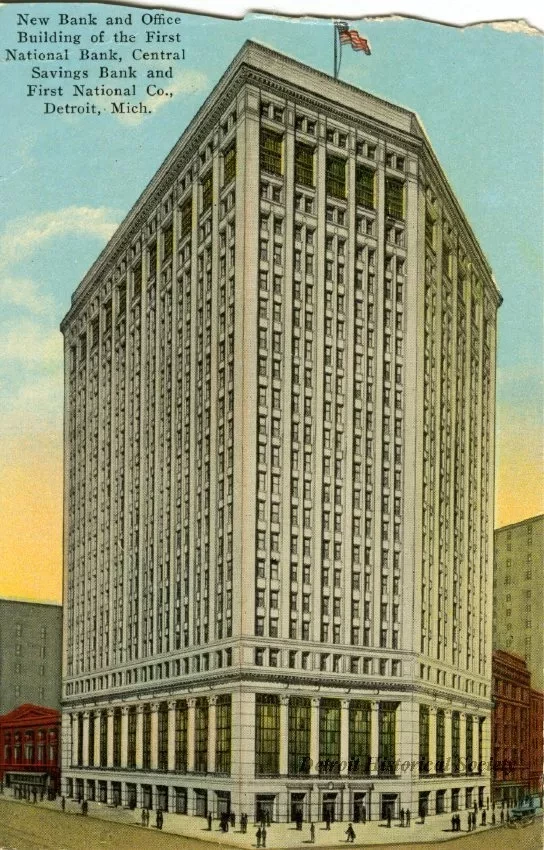 Postcard - New Bank and Office Building of the First National Bank, Central Savings Bank, and First National Co., Detroit, Mich.