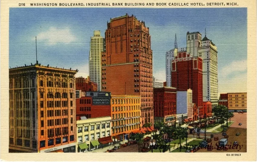 Postcard - Washington Boulevard, Industrial Bank Building and Book Cadillac Hotel, Detroit, Mich.