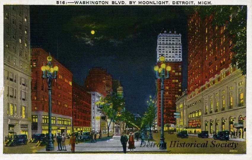 Postcard - Washington Blvd. by Moonlight, Detroit, Mich.