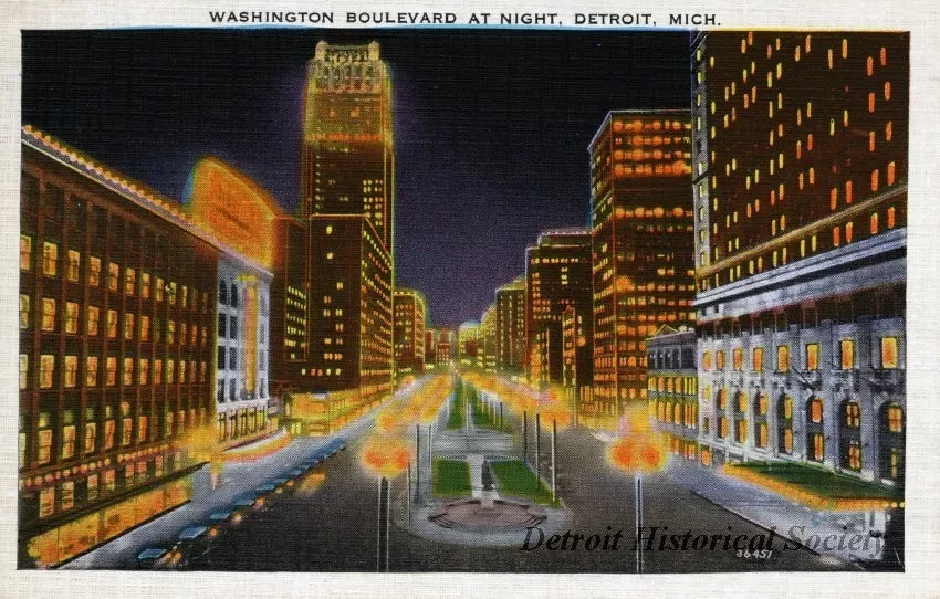 Postcard - Washington Boulevard at Night, Detroit, Mich.