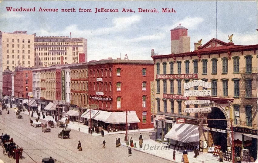 Postcard - Woodward Avenue north from Jefferson, Ave., Detroit, Mich.