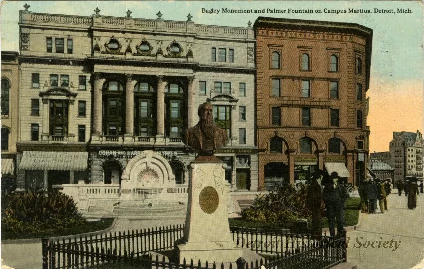 Postcard - Bagley Monument and Palmer Fountain on Campus Martius, Detroit, Mich.