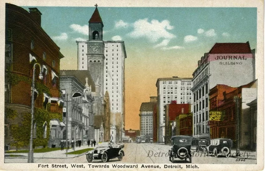 Postcard - Fort Street, West, Towards Woodward Avenue, Detroit, Mich.