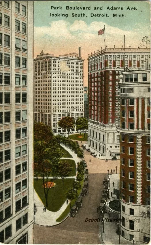 Postcard - Park Boulevard and Adams Ave. looking South, Detroit, Mich.
