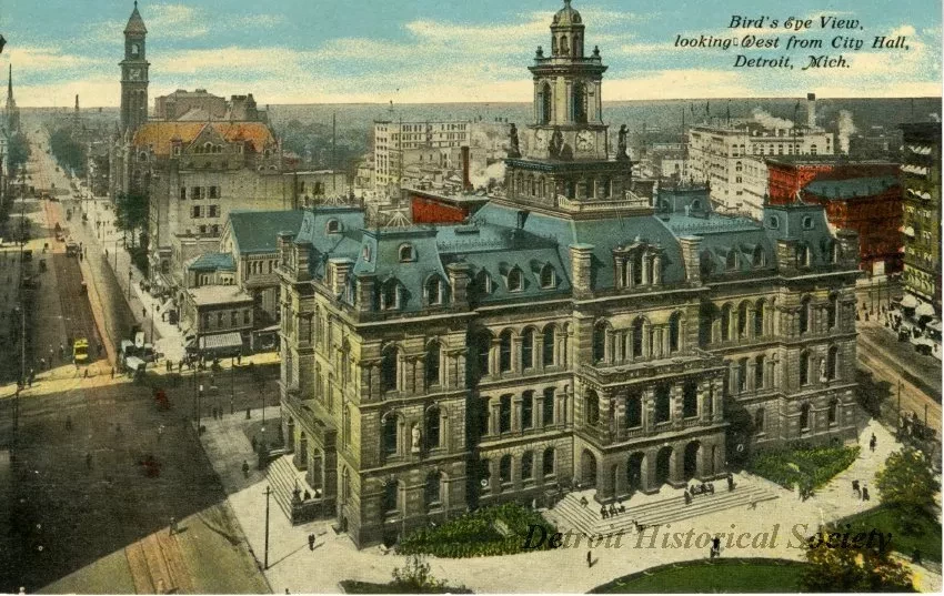 Postcard - Bird's Eye View, looking West from City Hall, Detroit, Mich.