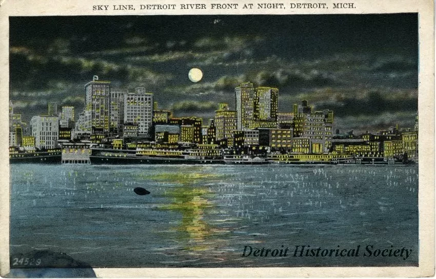 Postcard - Sky Line, Detroit River Front at Night, Detroit, Mich.