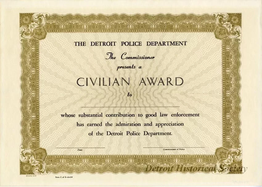 Certificate - The Detroit Police Department
Civilian Award