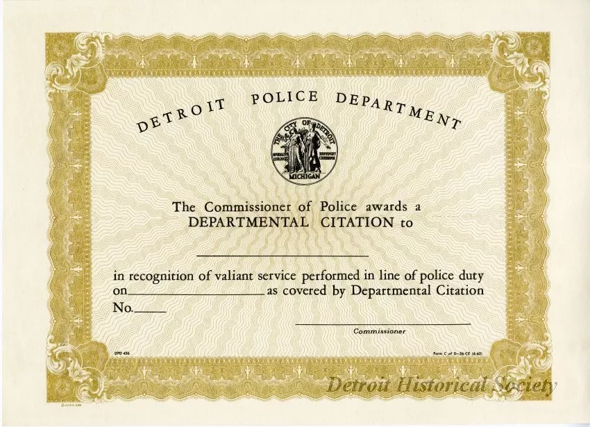 Certificate - Detroit Police Department
Departmental Citation