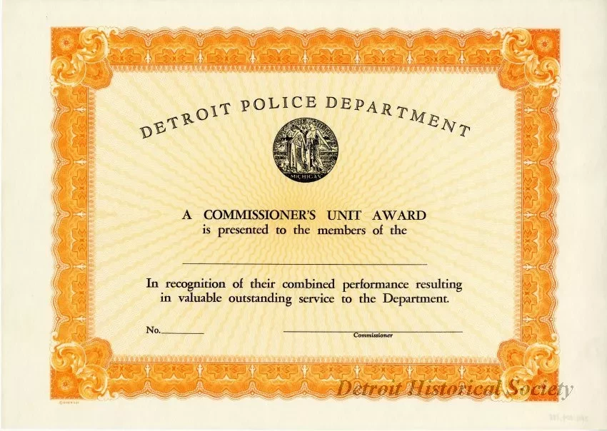 Certificate - Detroit Police Department
Commissioner's Unit Award