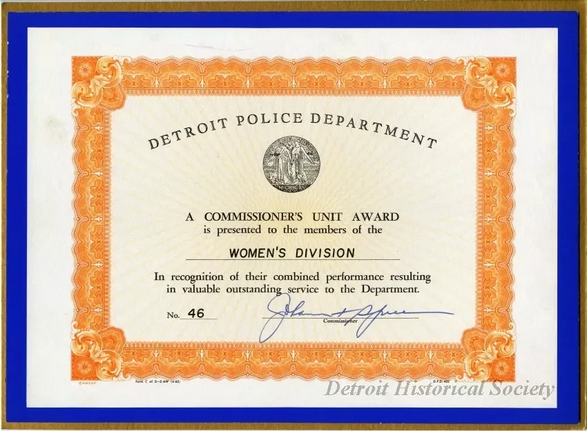 Certificate - Detroit Police Department
Commissioner's Unit Award